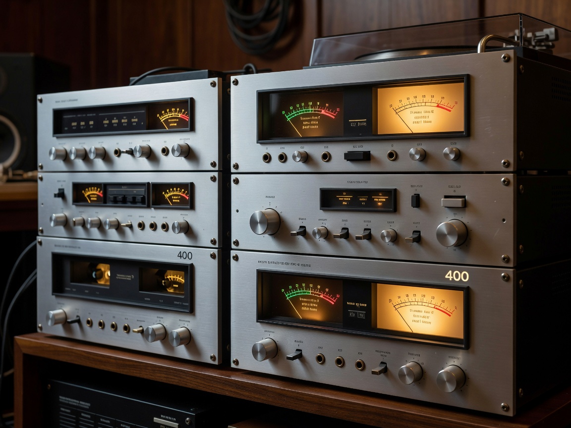 A rack of vintage silver-faced stereo equipment with lit VU meters