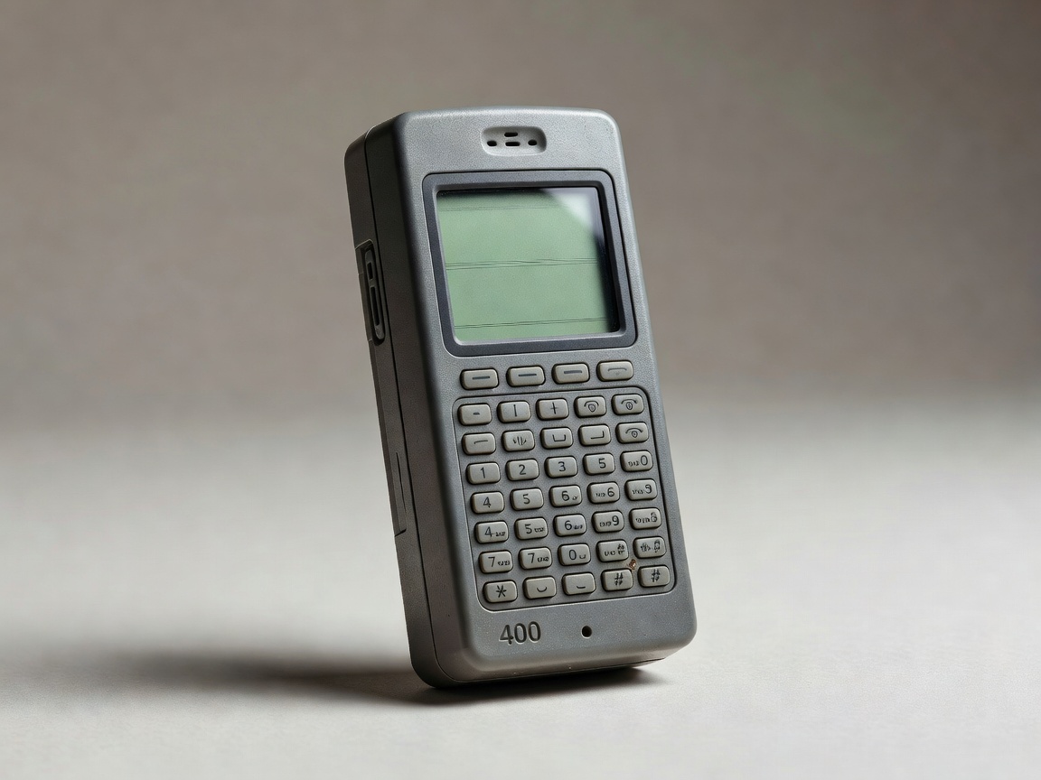 An early thick cellular phone with a small monochrome screen and physical keypad