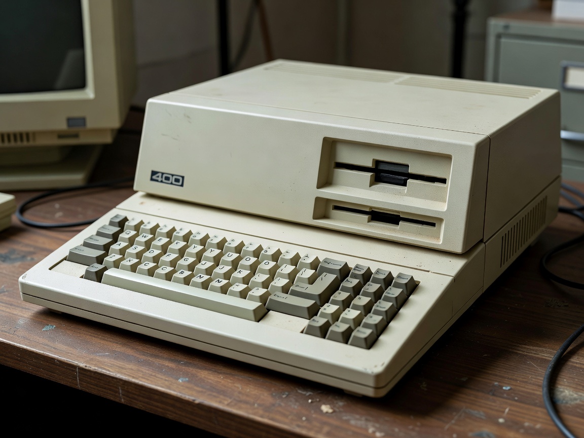 An old beige personal computer with a floppy disk drive and chunky keyboard