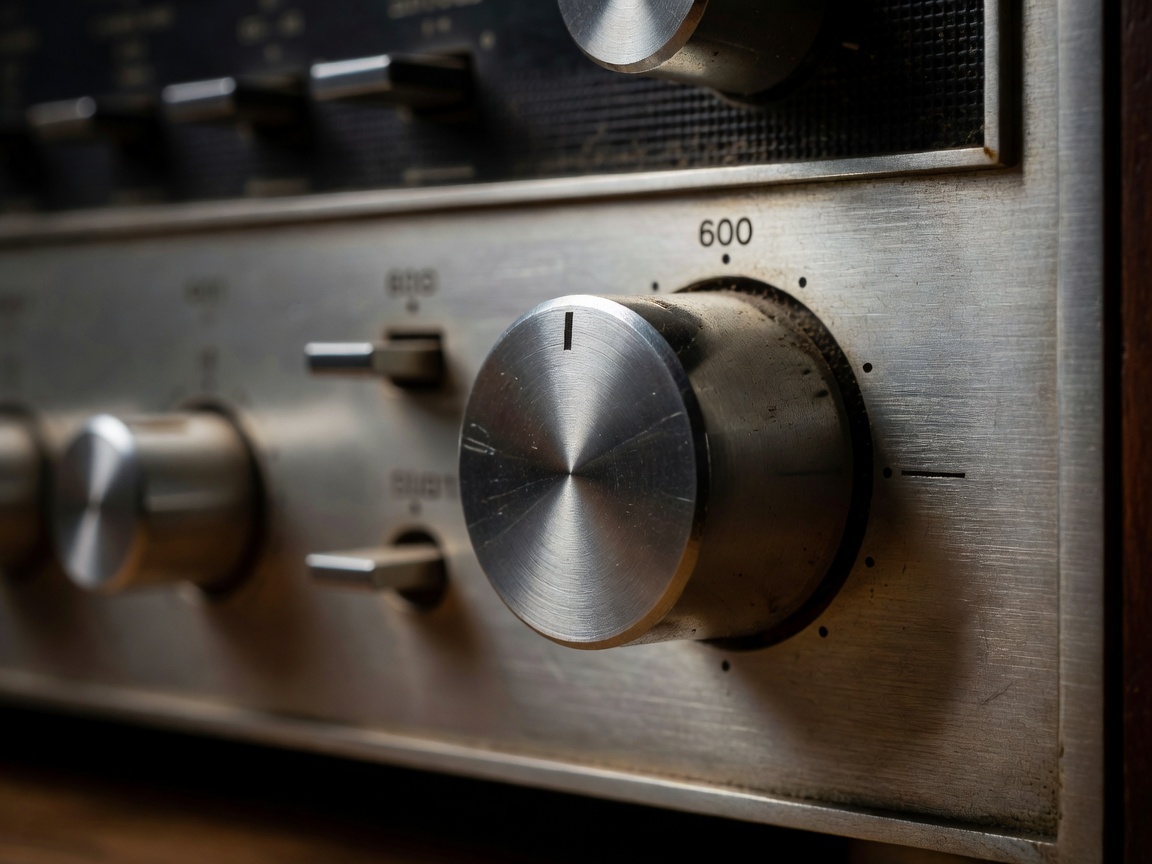 Close up of a brushed metal volume knob on a vintage stereo receiver