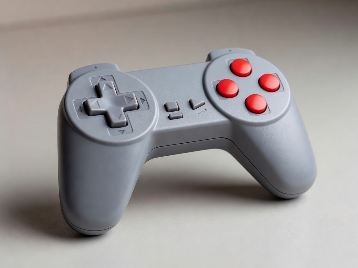 Close up of a classic grey game controller with a directional pad and red buttons