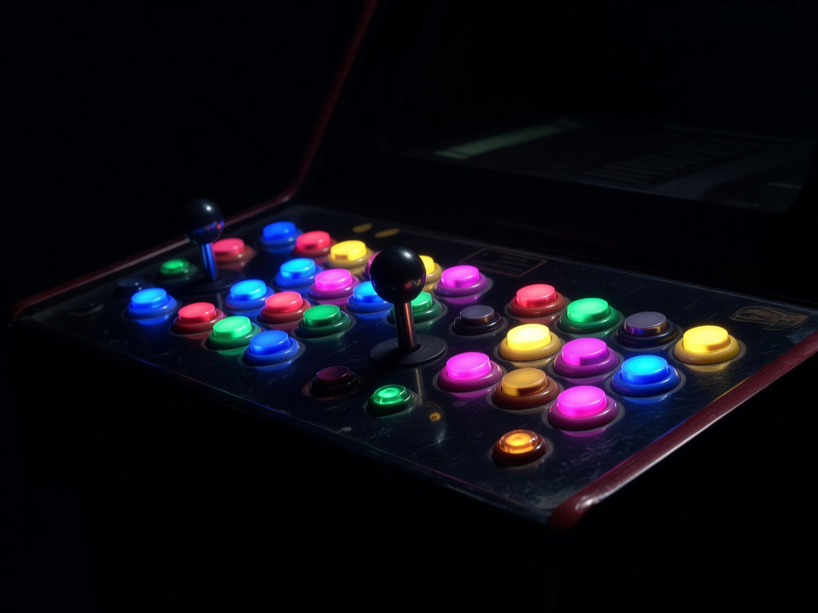 Illuminated arcade cabinet buttons in a dark room