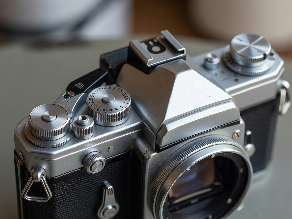 Looking down at the dials and pentaprism of a vintage metal SLR camera